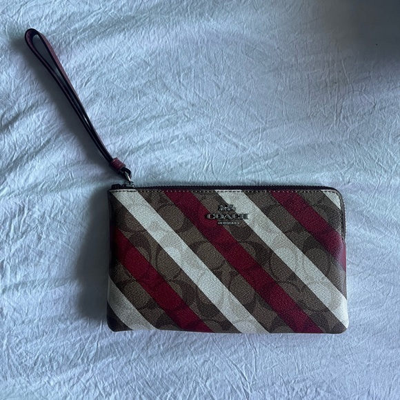 Coach Red and Brown Diagonal Stripe Wristlet - Picture 1 of 3